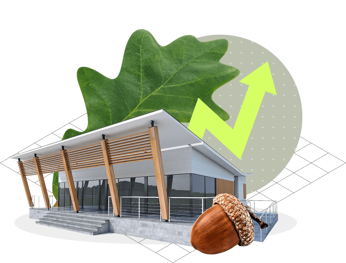 Modern building with wooden accents, an oak leaf, a green upward arrow, and an acorn, symbolizing sustainable growth and development.