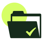 An open dark green folder icon with a light green checkmark inside, backed by a glowing light green circle, indicating successful task completion.